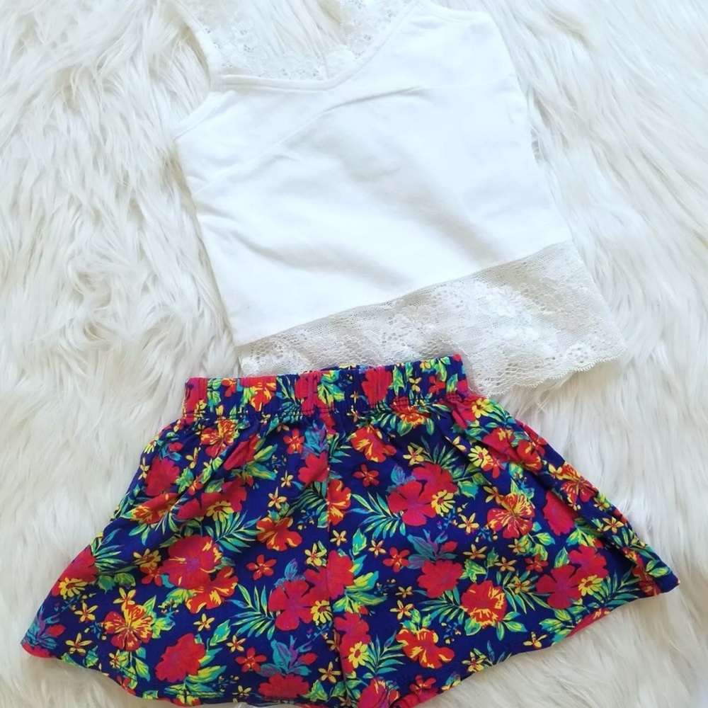 White Lace Tank Top and Floral Shorts Boutique Baby Girl 12-18 Month Summer Set